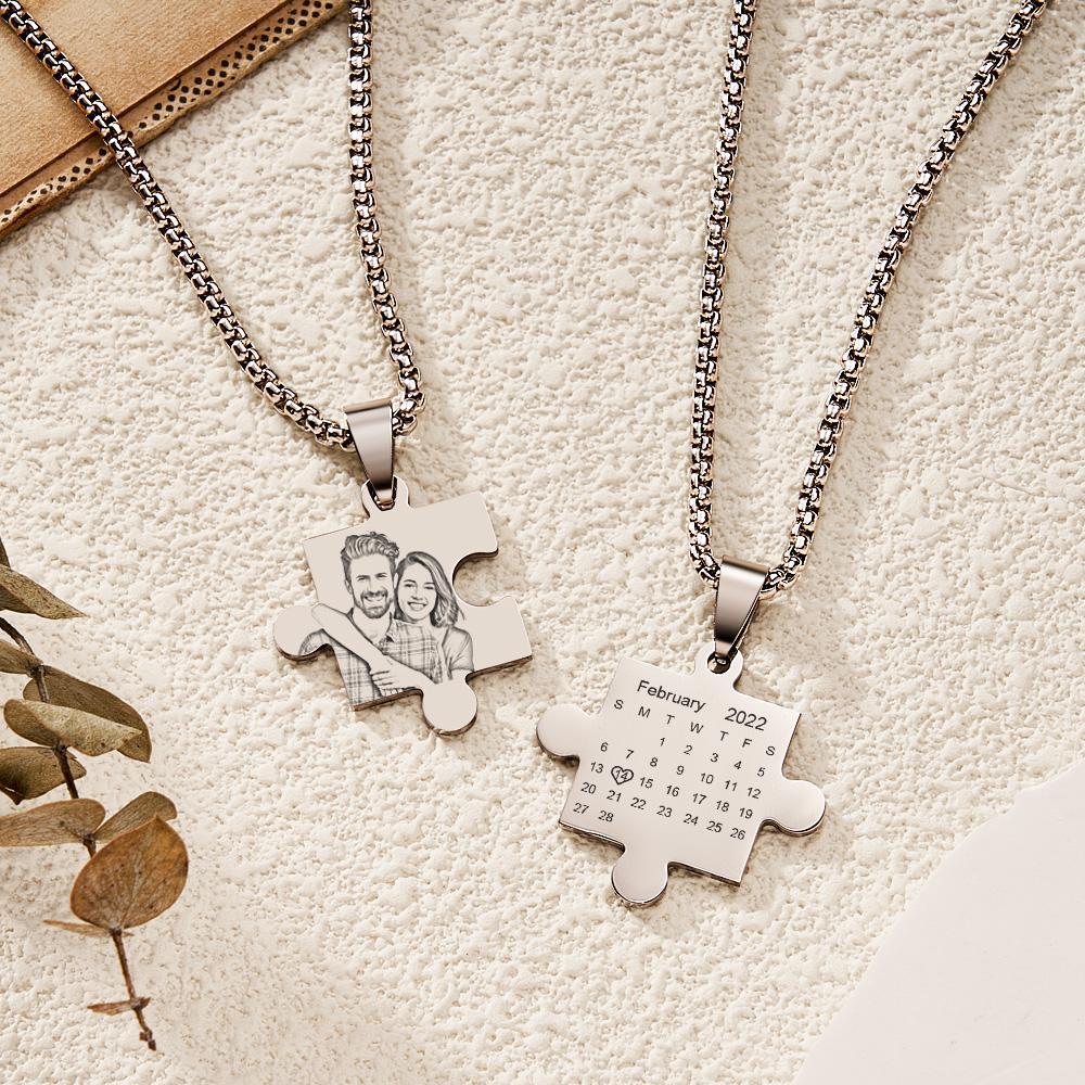Together Forever Puzzle Necklace Couples Set Calendar Necklace Save The Date Gift for Him and Her - soufeeluk