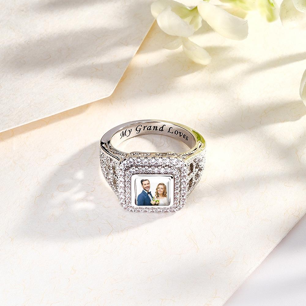 Custom Photo Zircon Ring Noble Bling Jewellery Gifts for Couples - soufeeluk