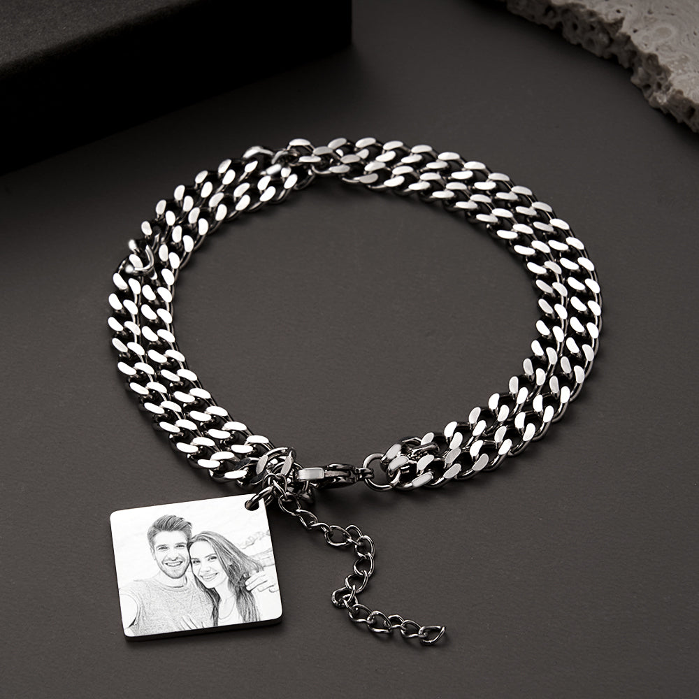 Custom Photo Engraved Date Bracelet Personalised Calendar Double Chain Bracelet Gift For Men - soufeeluk