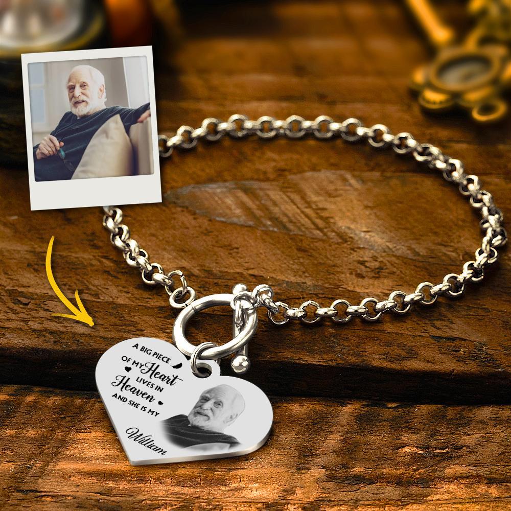 Custom Photo Bracelet with Heart Memorial Engraved Bracelet Engraving Stainless Steel Bracelet - soufeeluk