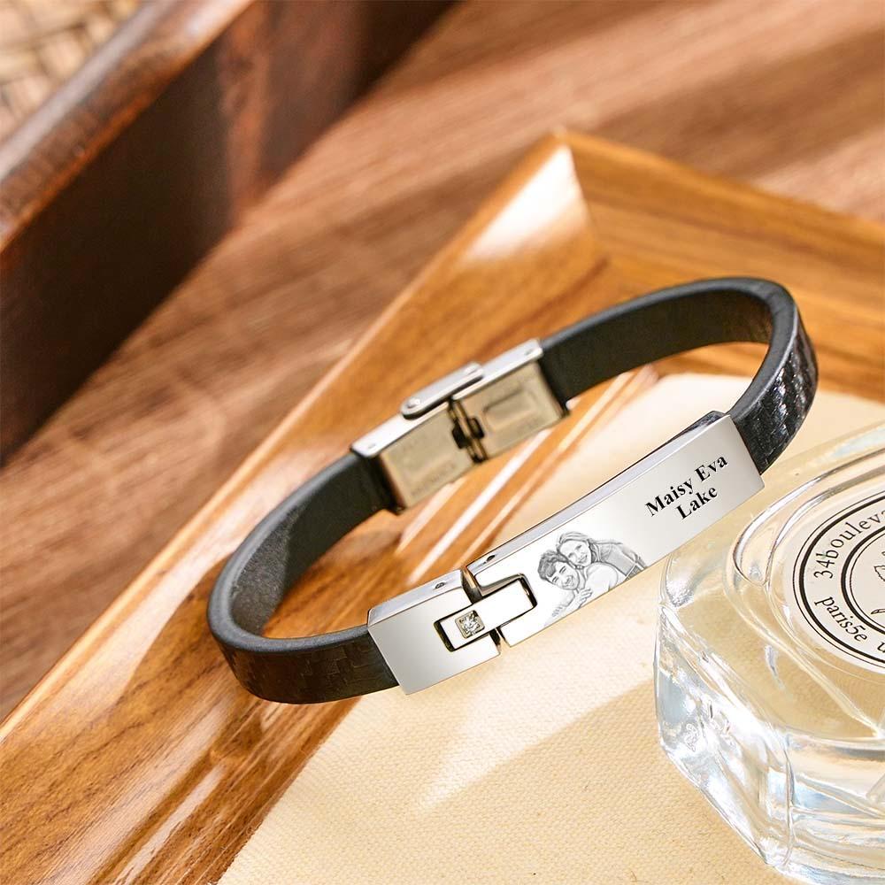 Custom Leather Bracelet Personalised Name and Photo Stainless Steel Bracelet Father's Day Gift - soufeeluk