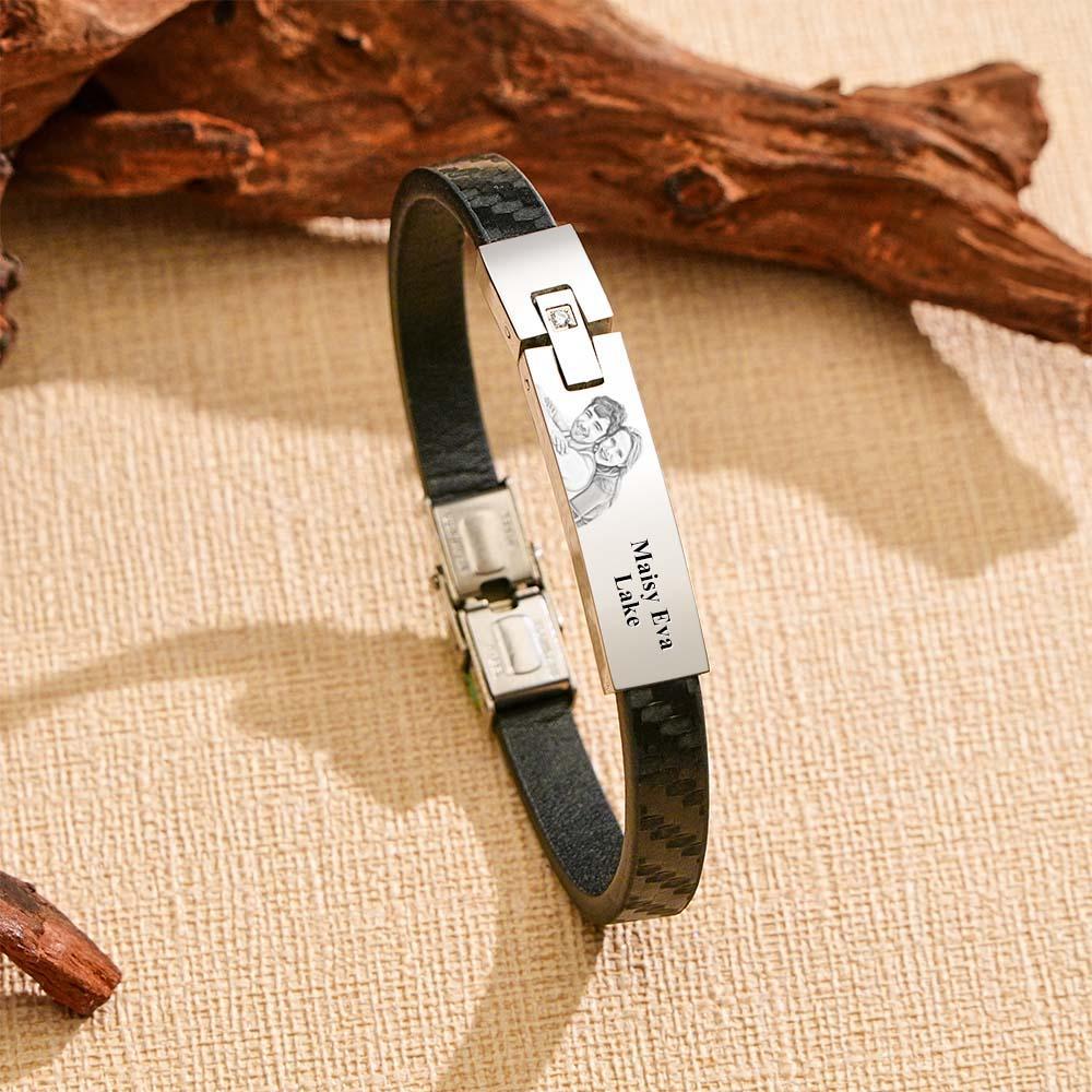 Custom Leather Bracelet Personalised Name and Photo Stainless Steel Bracelet Father's Day Gift - soufeeluk