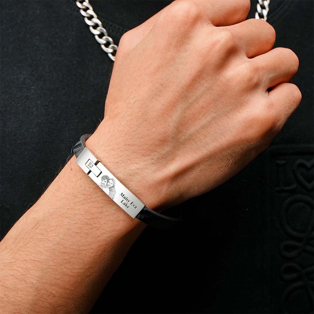Custom Leather Bracelet Personalised Name and Photo Stainless Steel Bracelet Father's Day Gift - soufeeluk