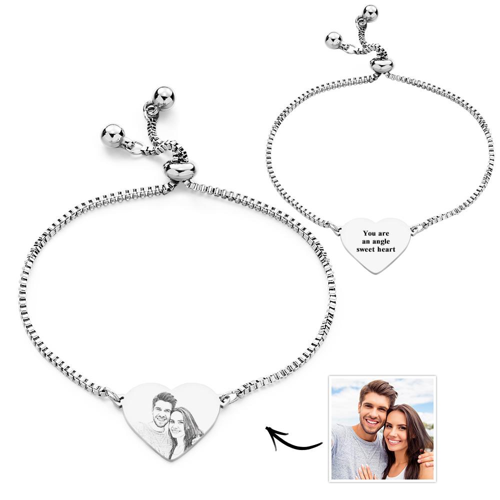 Personalised Custom Photo Text Stainless Steel Adjustable Bracelet Carved Heart Shaped Pendant Fashion Jewellery Custom Gift for Women