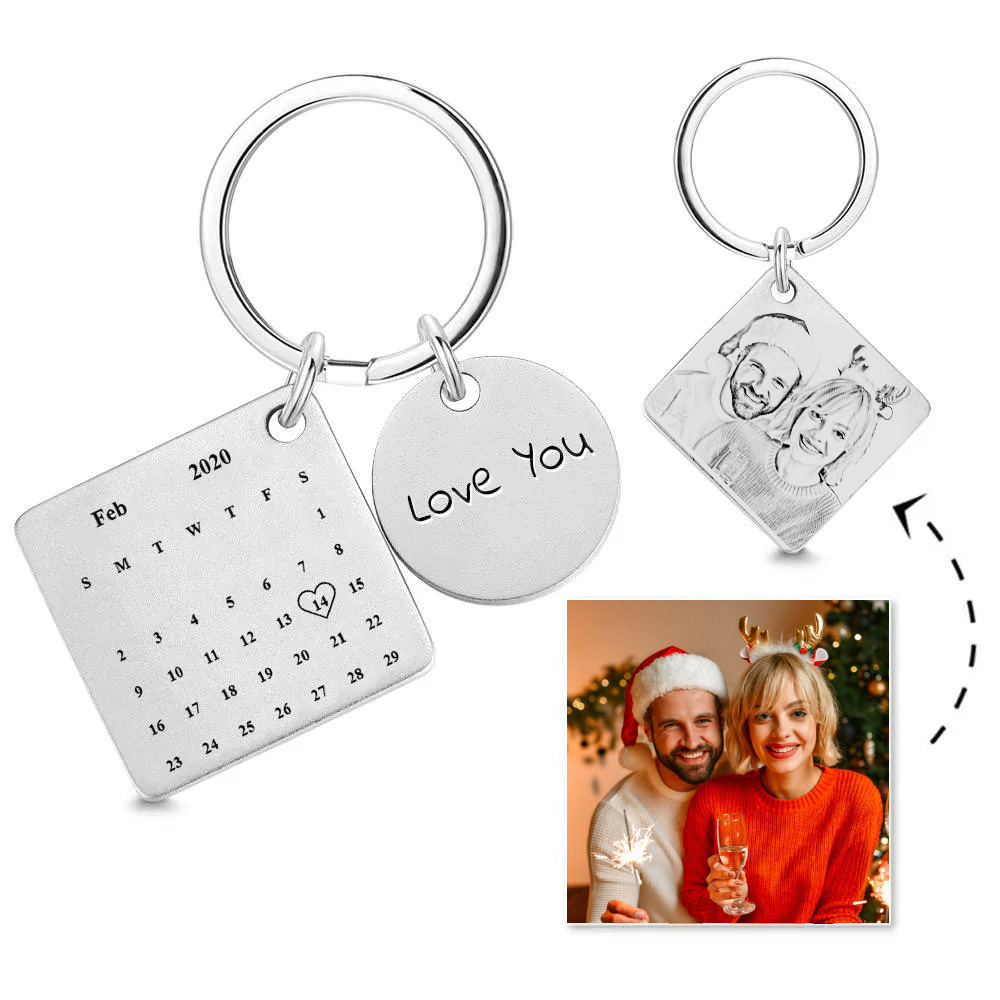 Custom Photo Engraved Calendar Silver Keyring Key Chain | Best Anniversary Gift Christmas Gift - soufeeluk