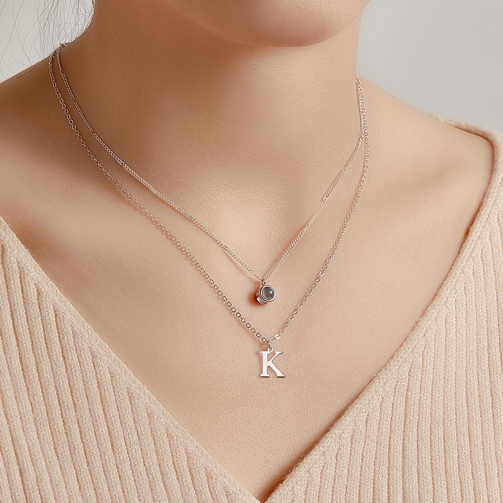 Layered Custom Necklace Personalised Letter Photo Projection Necklace Anniversary Gifts