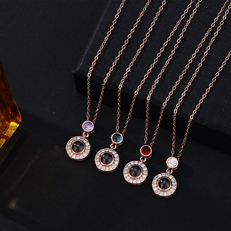 Personalized Projection Photo Necklace Round Pendant With Diamonds And Birthstone Beautiful Gift For Her - soufeeluk