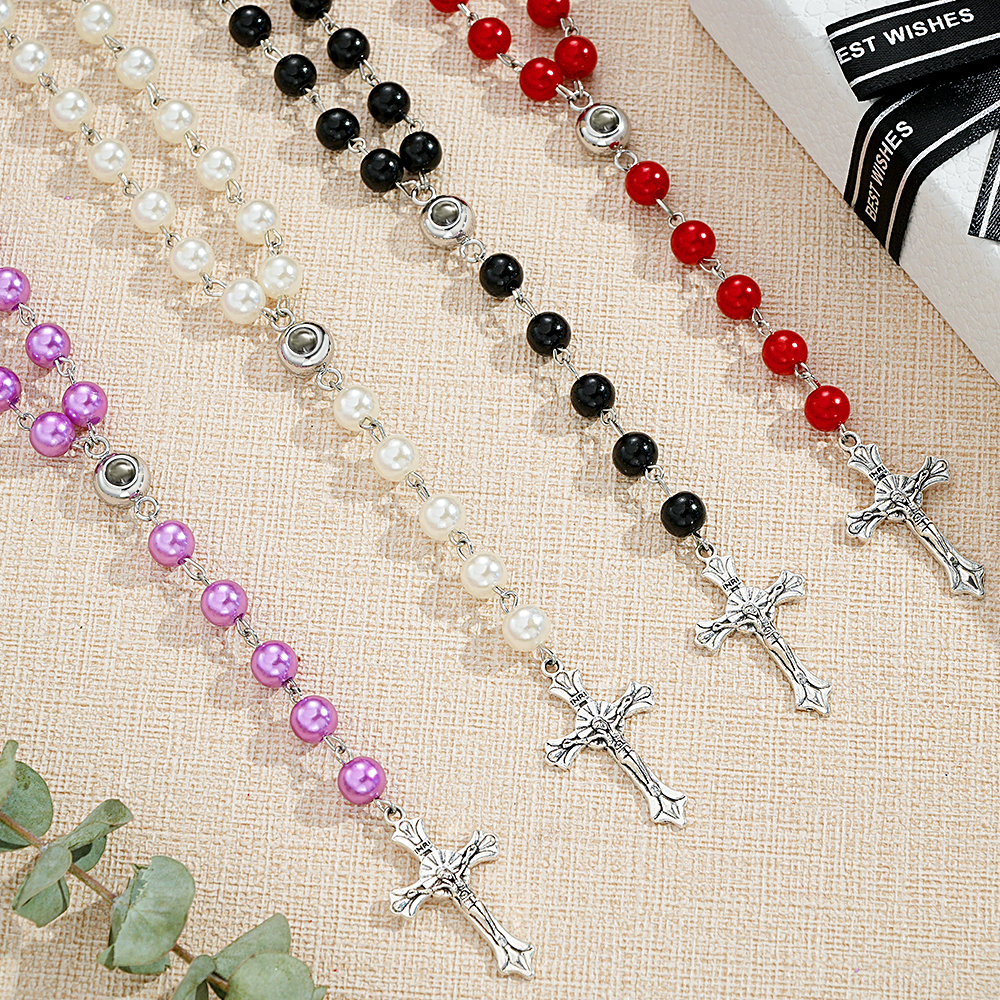 Personalized Photo Projection Multi-Color Rosary Beads Cross Necklace with Photo Memorial Gift for Women - soufeeluk