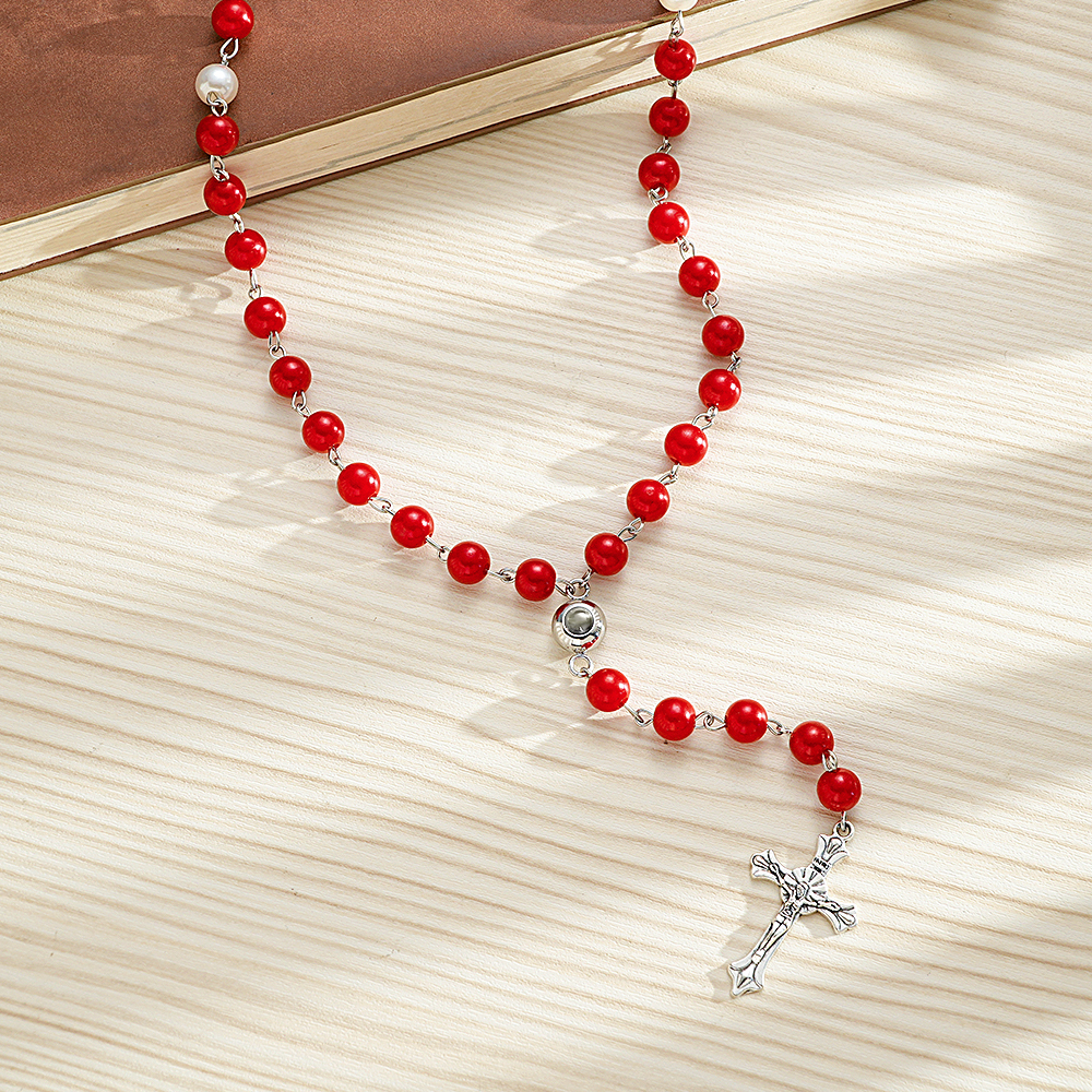 Personalized Photo Projection Multi-Color Rosary Beads Cross Necklace with Photo Memorial Gift for Women - soufeeluk