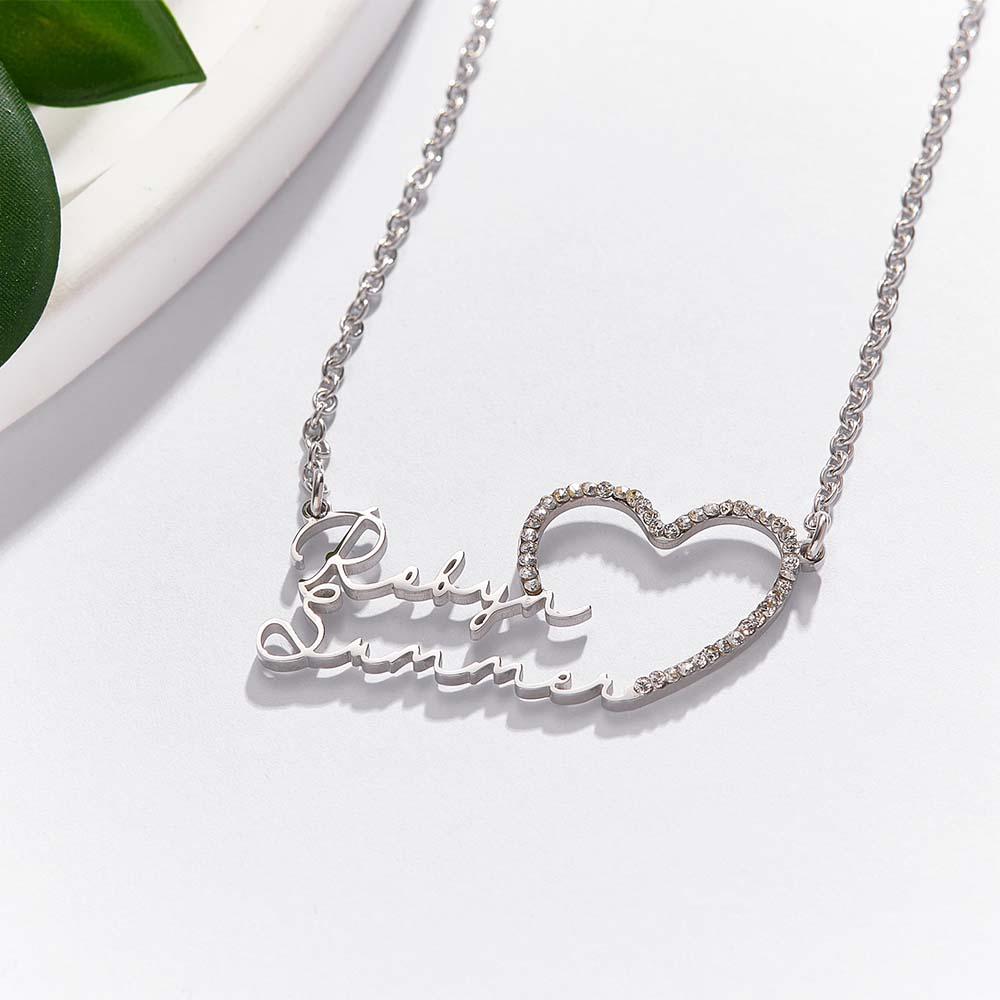 Custom Double Name Necklace Heart Iced Name Hollow Out Necklace Jewellery Gift For Her - soufeeluk