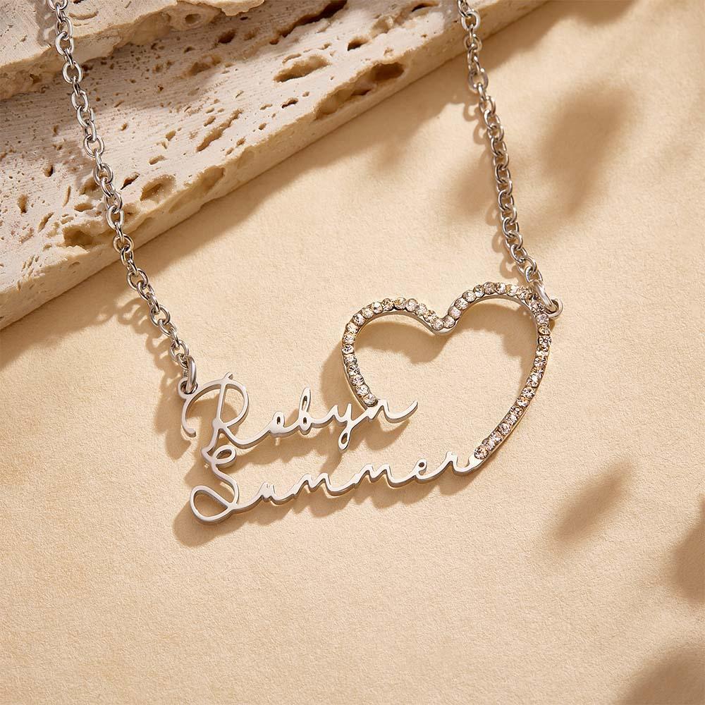 Custom Double Name Necklace Heart Iced Name Hollow Out Necklace Jewellery Gift For Her - soufeeluk