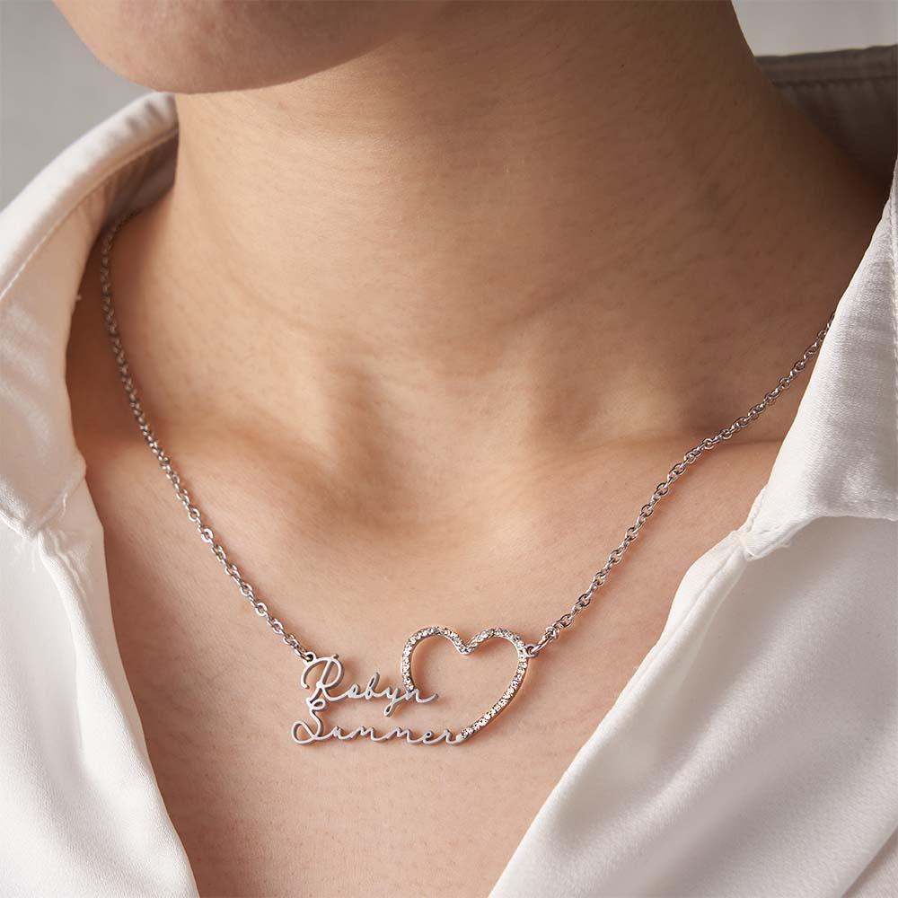 Custom Double Name Necklace Heart Iced Name Hollow Out Necklace Jewellery Gift For Her - soufeeluk