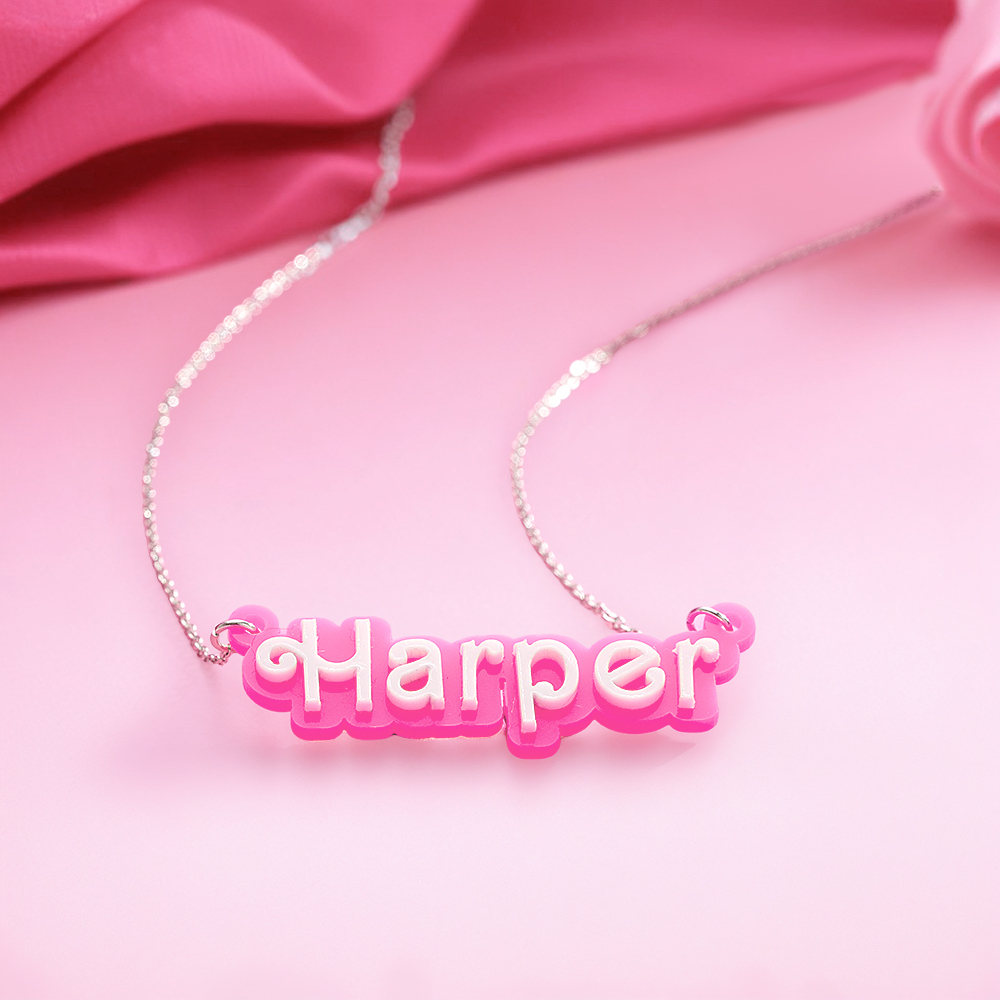 Personalised Pink and White Barbi Doll Acrylic Necklace with Name Christmas Birthday Valentine's Day Gift for Her
