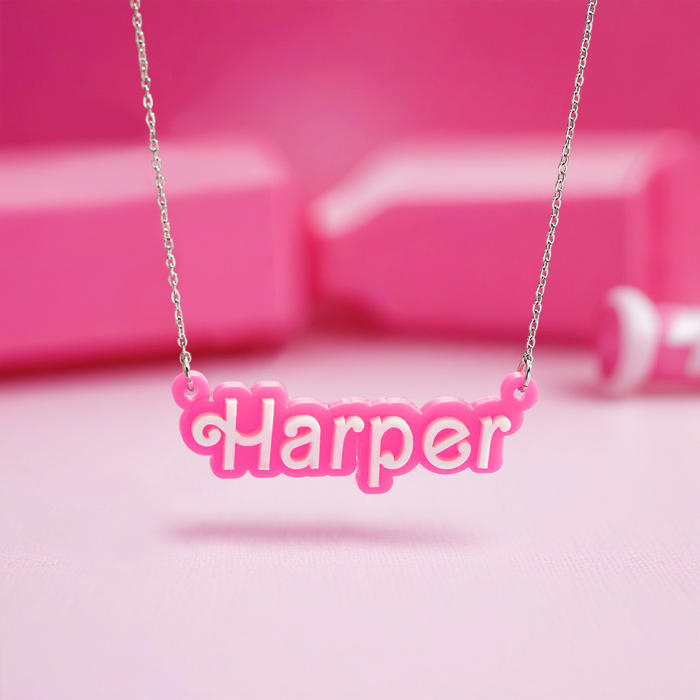 Personalised Pink and White Barbi Doll Acrylic Necklace with Name Christmas Birthday Valentine's Day Gift for Her