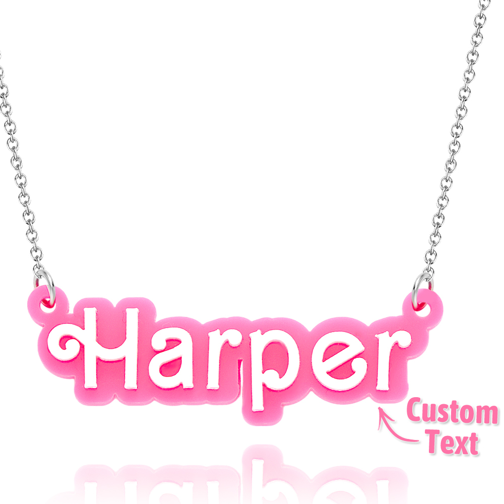 Personalised Pink and White Barbi Doll Acrylic Necklace with Name Christmas Birthday Valentine's Day Gift for Her