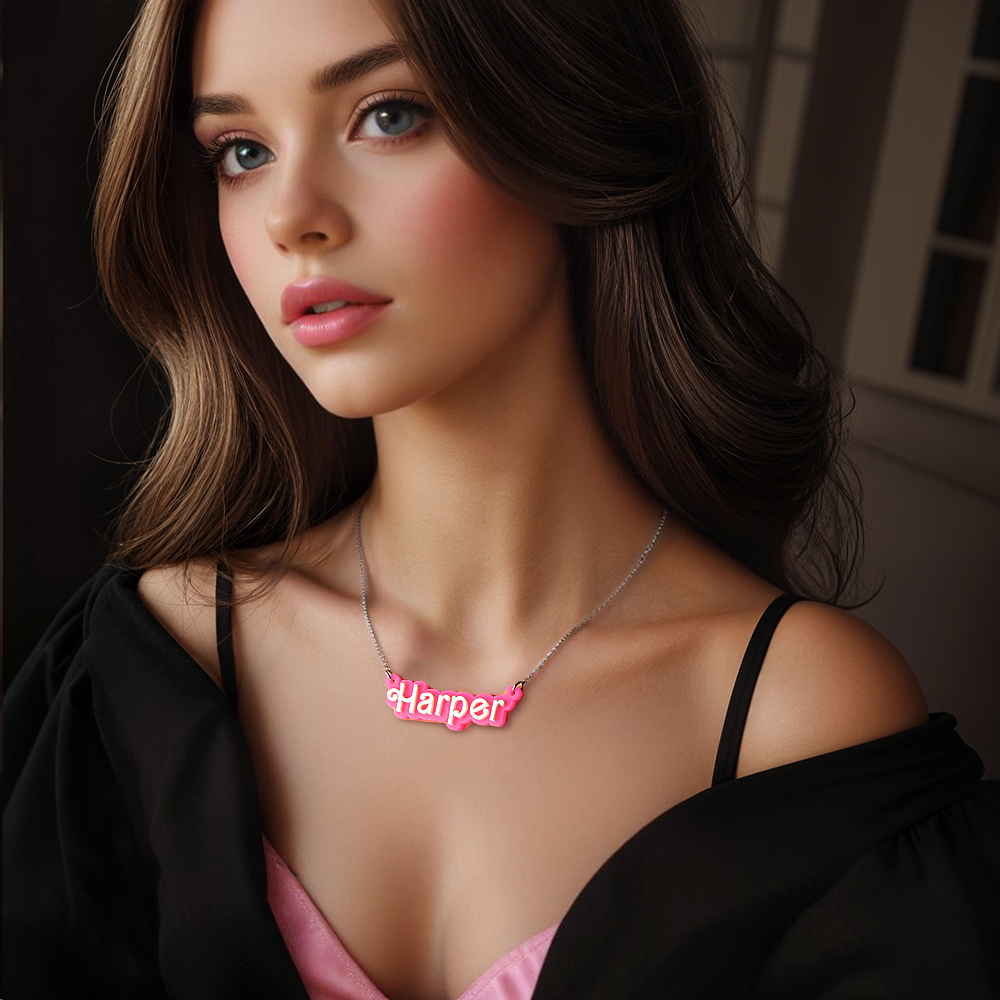 Personalised Pink and White Barbi Doll Acrylic Necklace with Name Christmas Birthday Valentine's Day Gift for Her