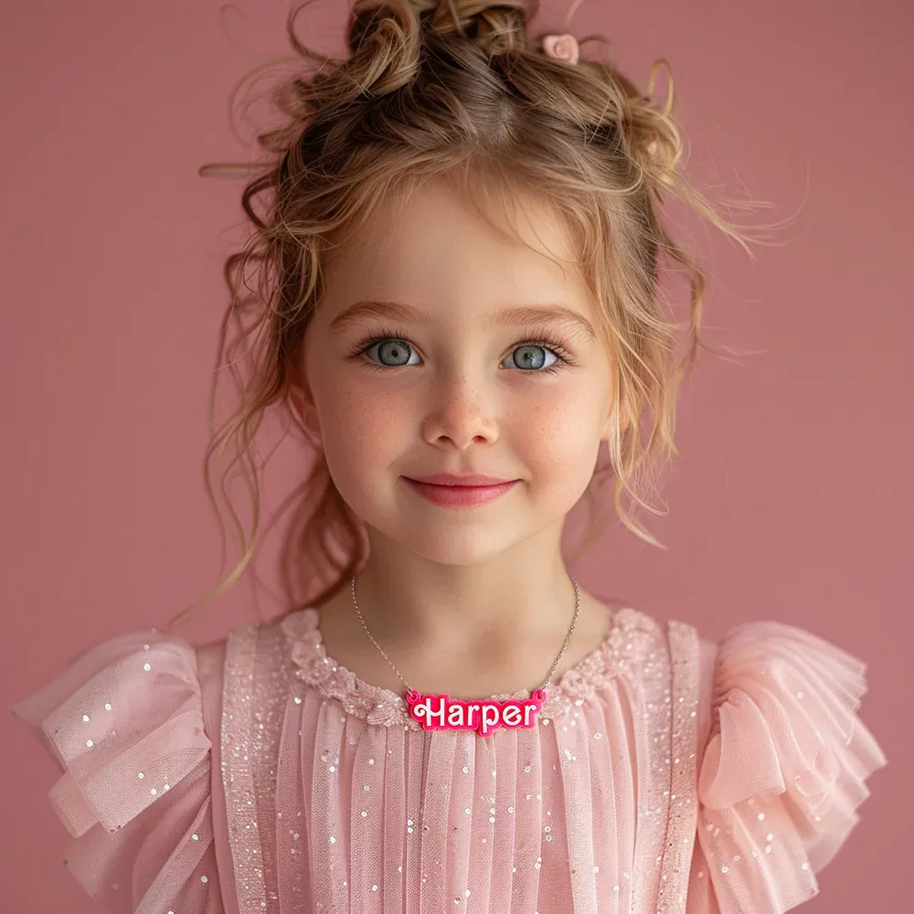 Personalised Pink and White Barbi Doll Acrylic Necklace with Name Christmas Birthday Valentine's Day Gift for Her