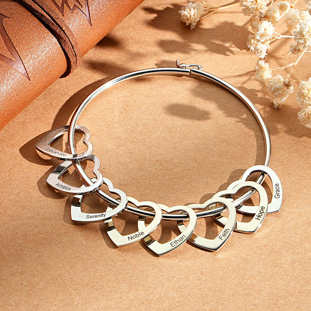 Trendy Engravable Bangle Bracelet with Heart Shape Pendants Gift - soufeeluk