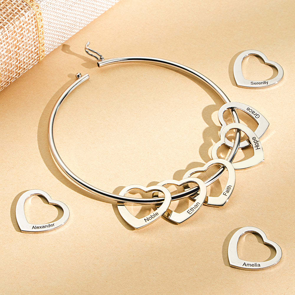 Trendy Engravable Bangle Bracelet with Heart Shape Pendants Gift - soufeeluk