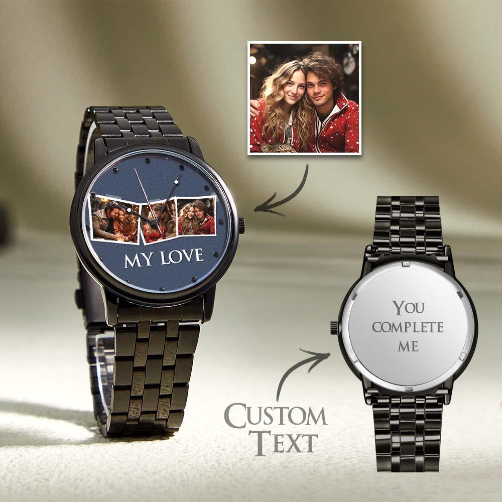 Personalized Engraved Men's Black Alloy Bracelet Photo Watch To My Boyfriend I Love You Gifts - soufeeluk