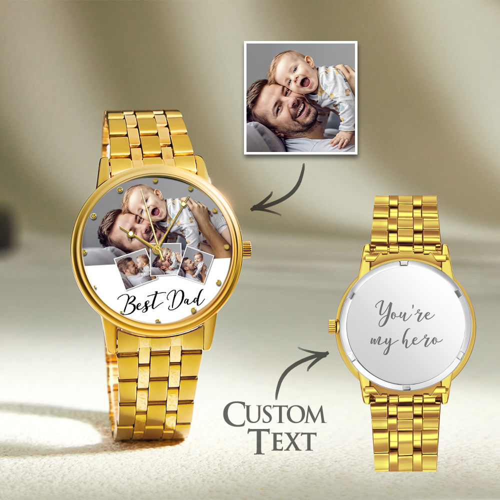 Personalized Engraved Photo Watch Men's Black Alloy Bracelet Photo Watch Father's Day Gifts For Dad - soufeeluk