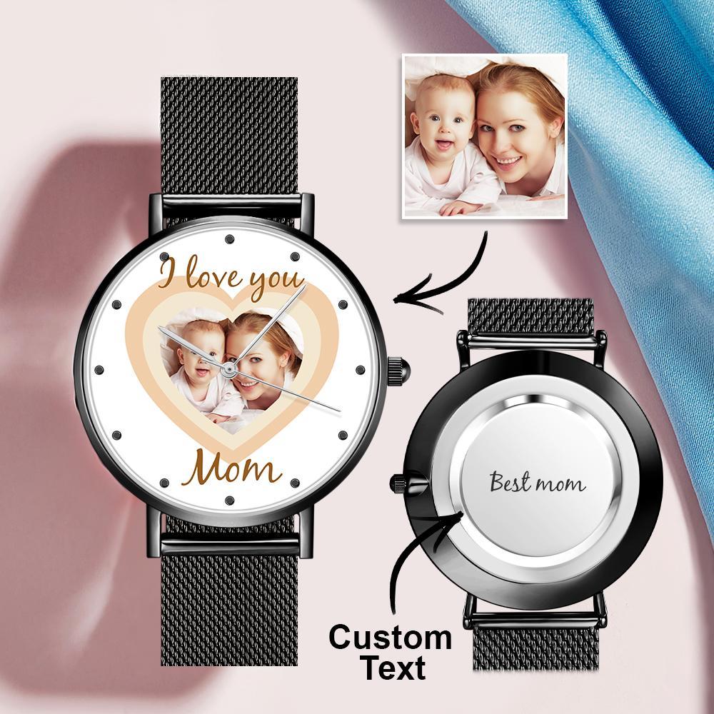 Personalized Heart Engraved Photo Watches With Alloy Strap Mother's Day Gift For Mom - soufeeluk