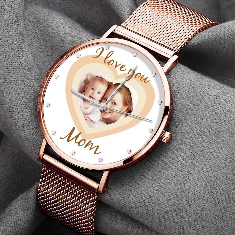 Personalized Heart Engraved Photo Watches With Alloy Strap Mother's Day Gift For Mom - soufeeluk