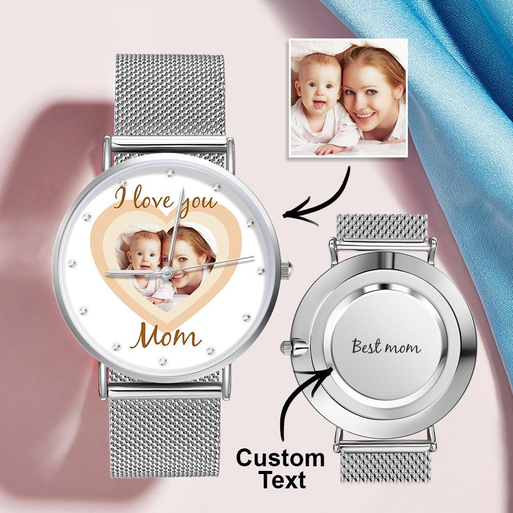Personalized Heart Engraved Photo Watches With Alloy Strap Mother's Day Gift For Mom