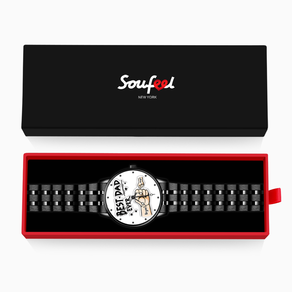 Custom Engraved Watch Men's Black Alloy Watch Holding Hands Bracelet Father's Day Gift for Dad - soufeeluk