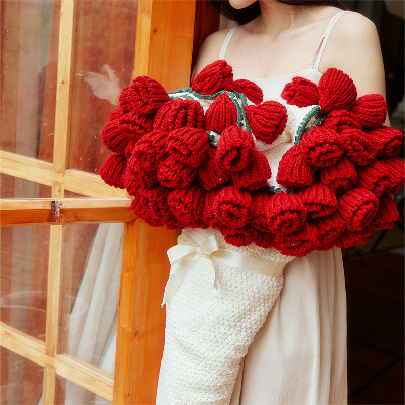 Hand-Knitted Red Rose & Sunflower Blanket Ready-Made Gift for Mother's Day