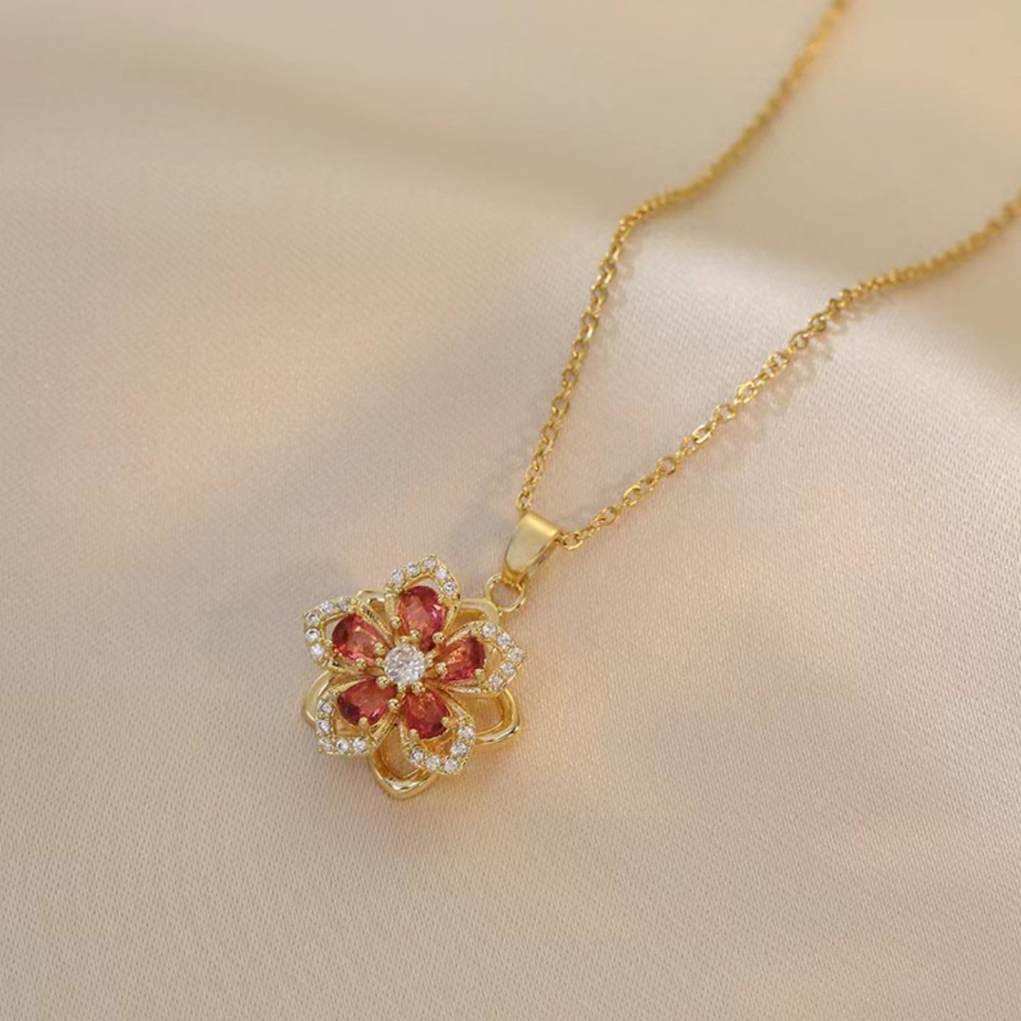 Floral Birthstone Necklace Lotus Flower Gemstone Necklace with Rotating Crystal Flower - soufeeluk