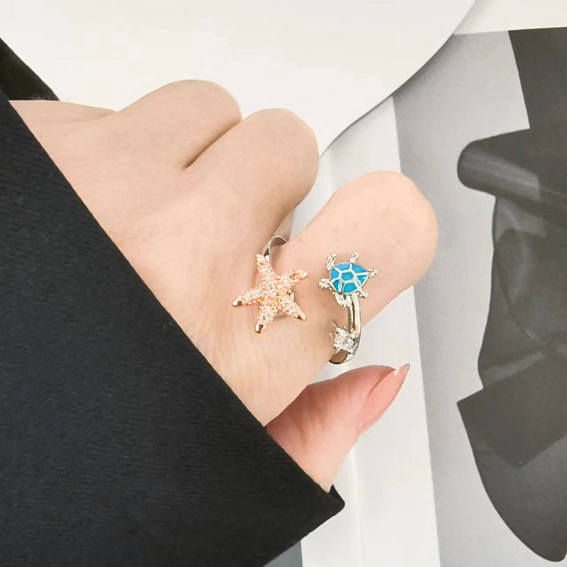 Fidget Anti-anxiety Ring Sea Turtle and Starfish Open Adjustable Spinner Ring Jewellery Gifts for Her - soufeeluk