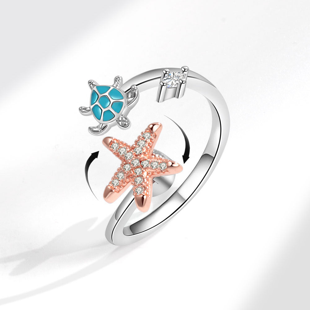 Fidget Anti-anxiety Ring Sea Turtle and Starfish Open Adjustable Spinner Ring Jewellery Gifts for Her - soufeeluk