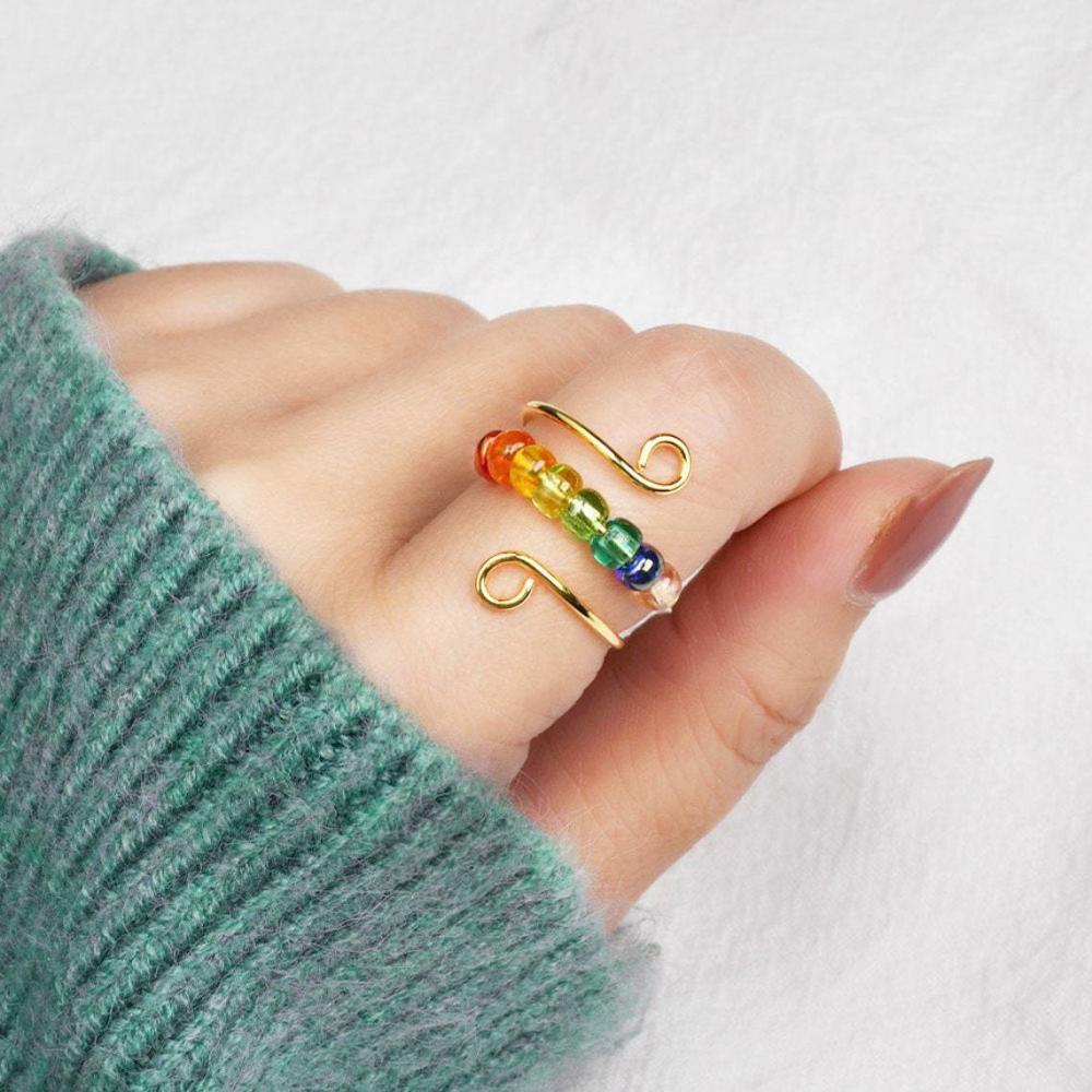 Rotating Ring Relieving Anxiety Adjustable Rainbow Fidget Ring Jewellery Gift for Women - soufeeluk