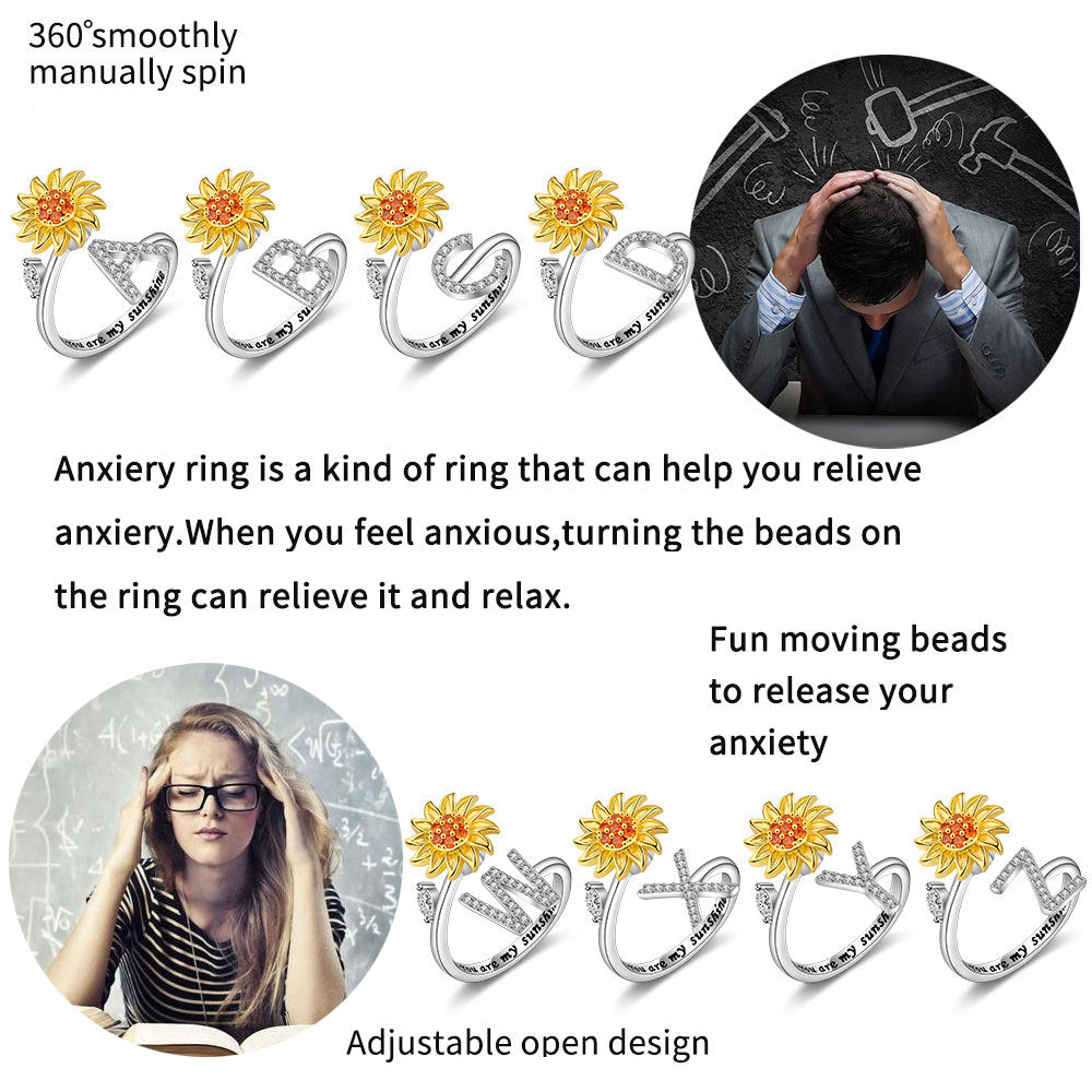 Spinner Ring Sunflower Initial Letter Adjustable Anxiety Fidget Rings for Relieving Stress Ring for Women - soufeeluk