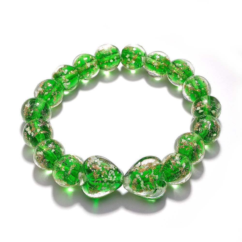 Grass Green Heart-to-Heart Firefly Glass Stretch Beaded Bracelet Glow in the Dark Luminous Bracelet - soufeeluk