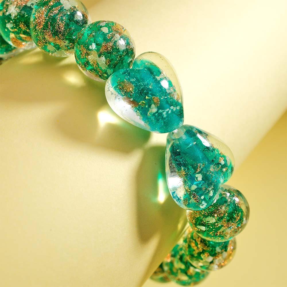 Lime Green Heart-to-Heart Firefly Glass Stretch Beaded Bracelet Glow in the Dark Luminous Bracelet - soufeeluk