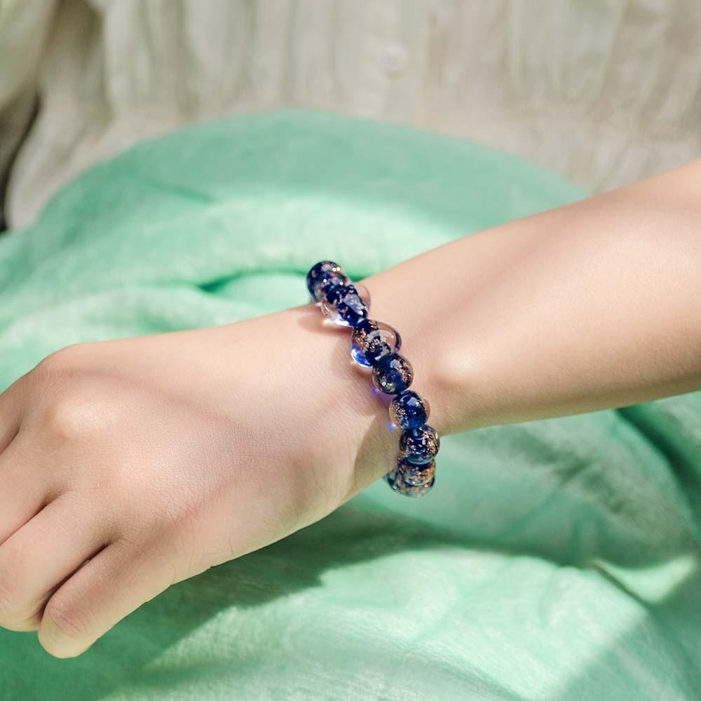 Dark Blue Heart-to-Heart Firefly Glass Stretch Beaded Bracelet Glow in the Dark Luminous Bracelet - soufeeluk