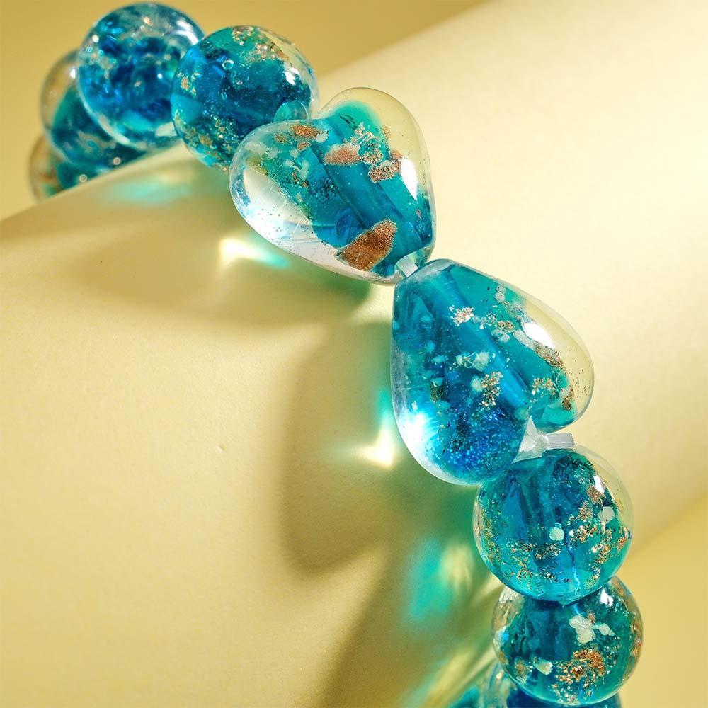 Navy Blue Heart-to-Heart Firefly Glass Stretch Beaded Bracelet Glow in the Dark Luminous Bracelet - soufeeluk