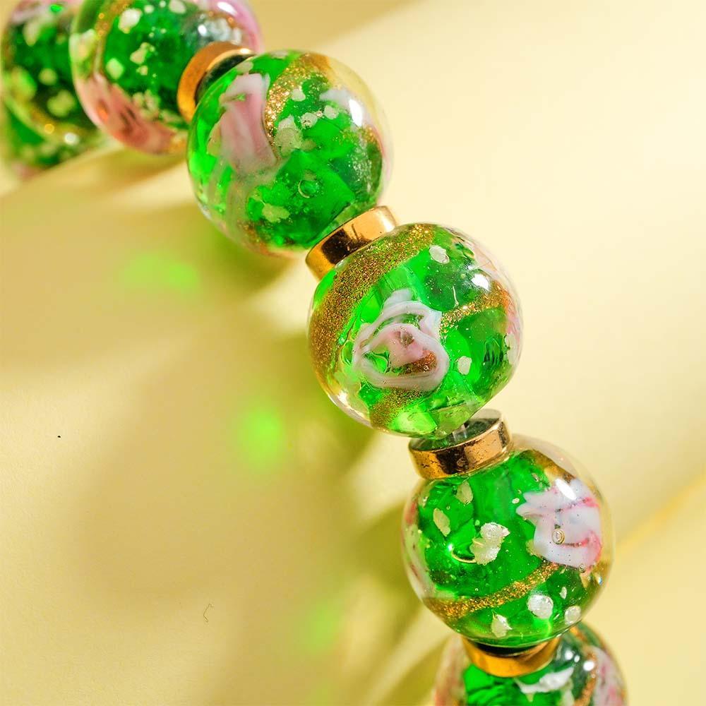 Green with Flowers Firefly Glass Stretch Beaded Bracelet Glow in the Dark Luminous Bracelet - soufeeluk