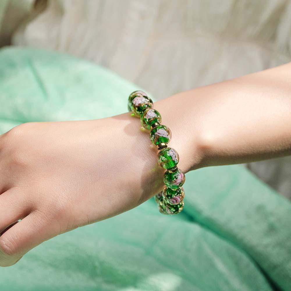 Green with Flowers Firefly Glass Stretch Beaded Bracelet Glow in the Dark Luminous Bracelet - soufeeluk