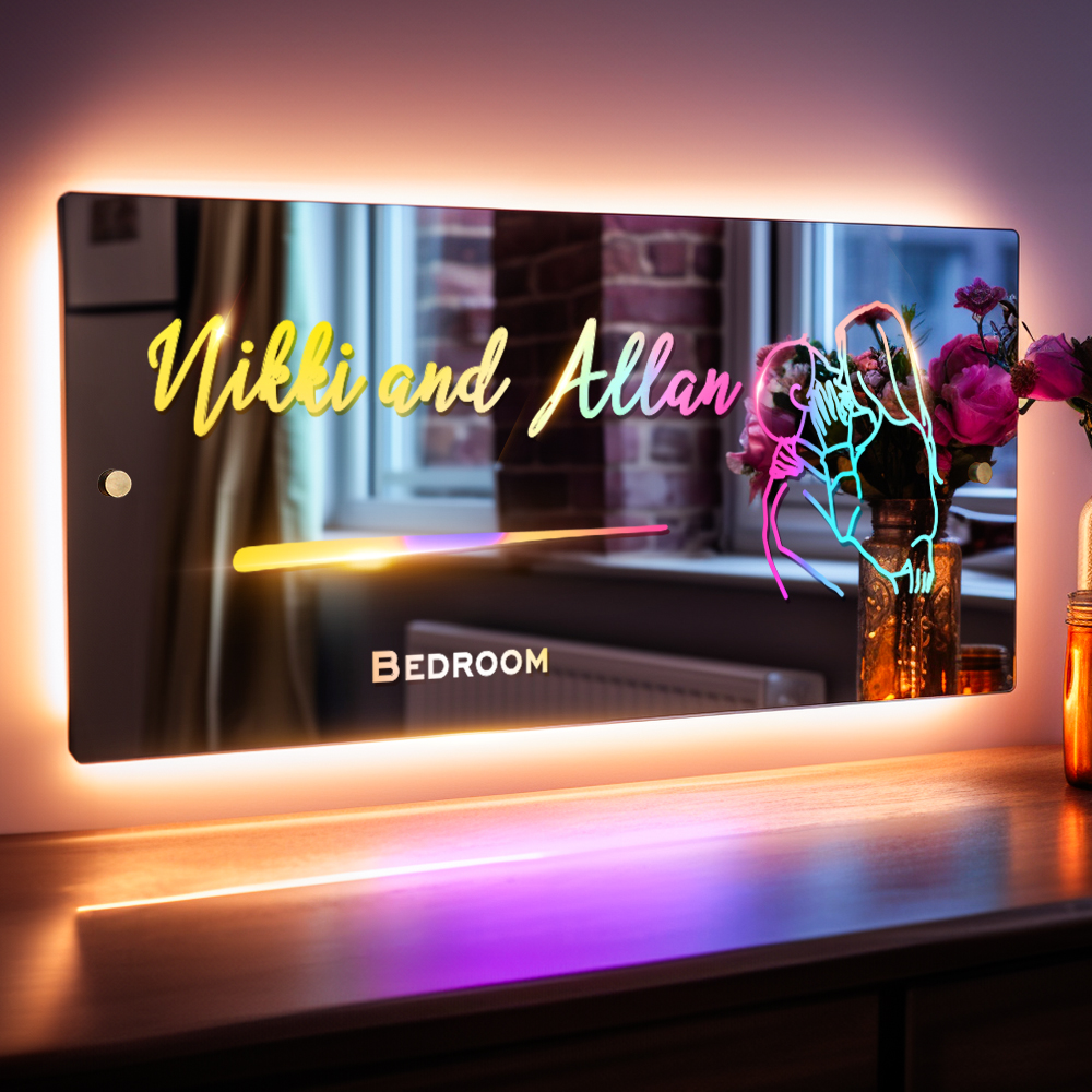 Personalised Line Photo Engraved Mirror Light Bedroom Sign Custom Mirror Neon Signs Wall Decor, Custom Name Sign for Bedroom,Christmas Valentine's Day - soufeeluk