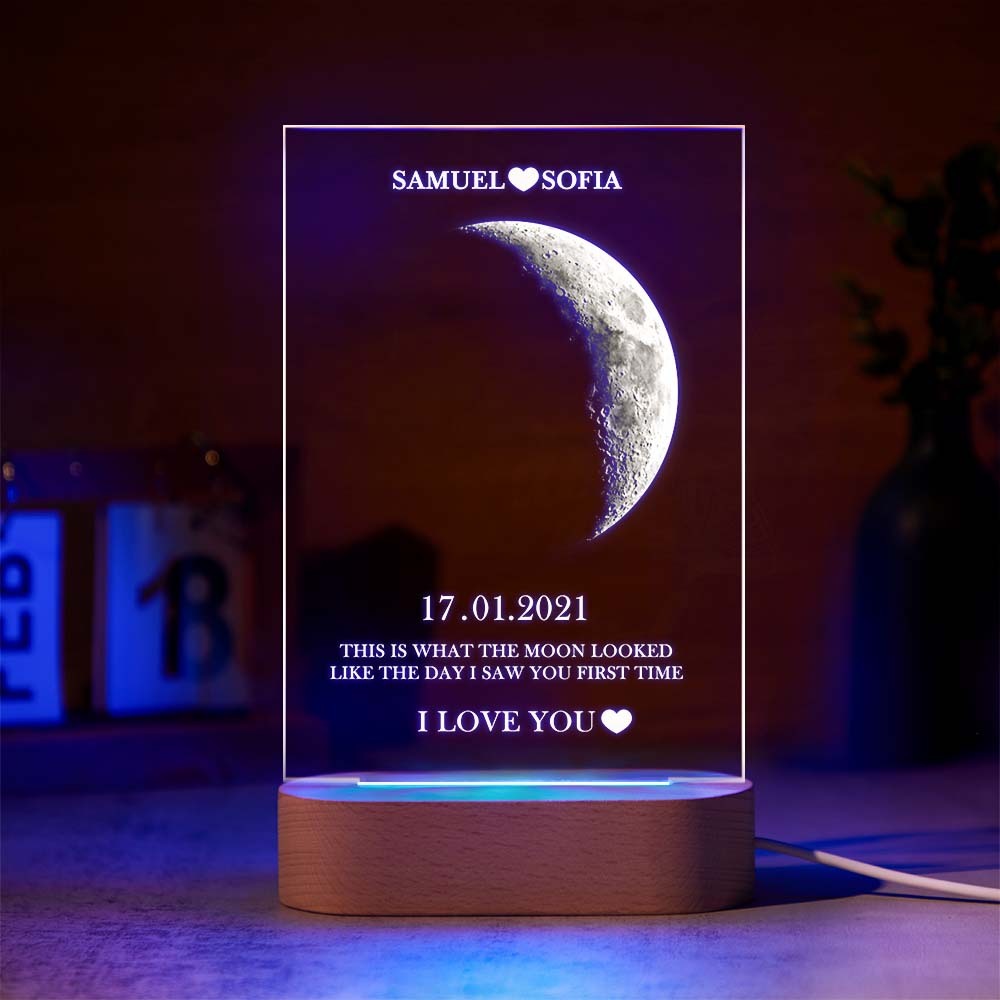 Custom Moon Phase Lamp with Personalised Names Text Seven Color Light