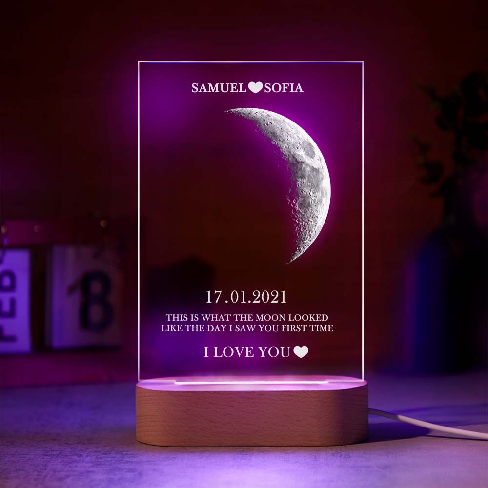 Custom Moon Phase Lamp with Personalised Names Text Seven Color Light
