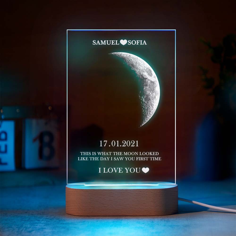 Custom Moon Phase Lamp with Personalised Names Text Seven Color Light