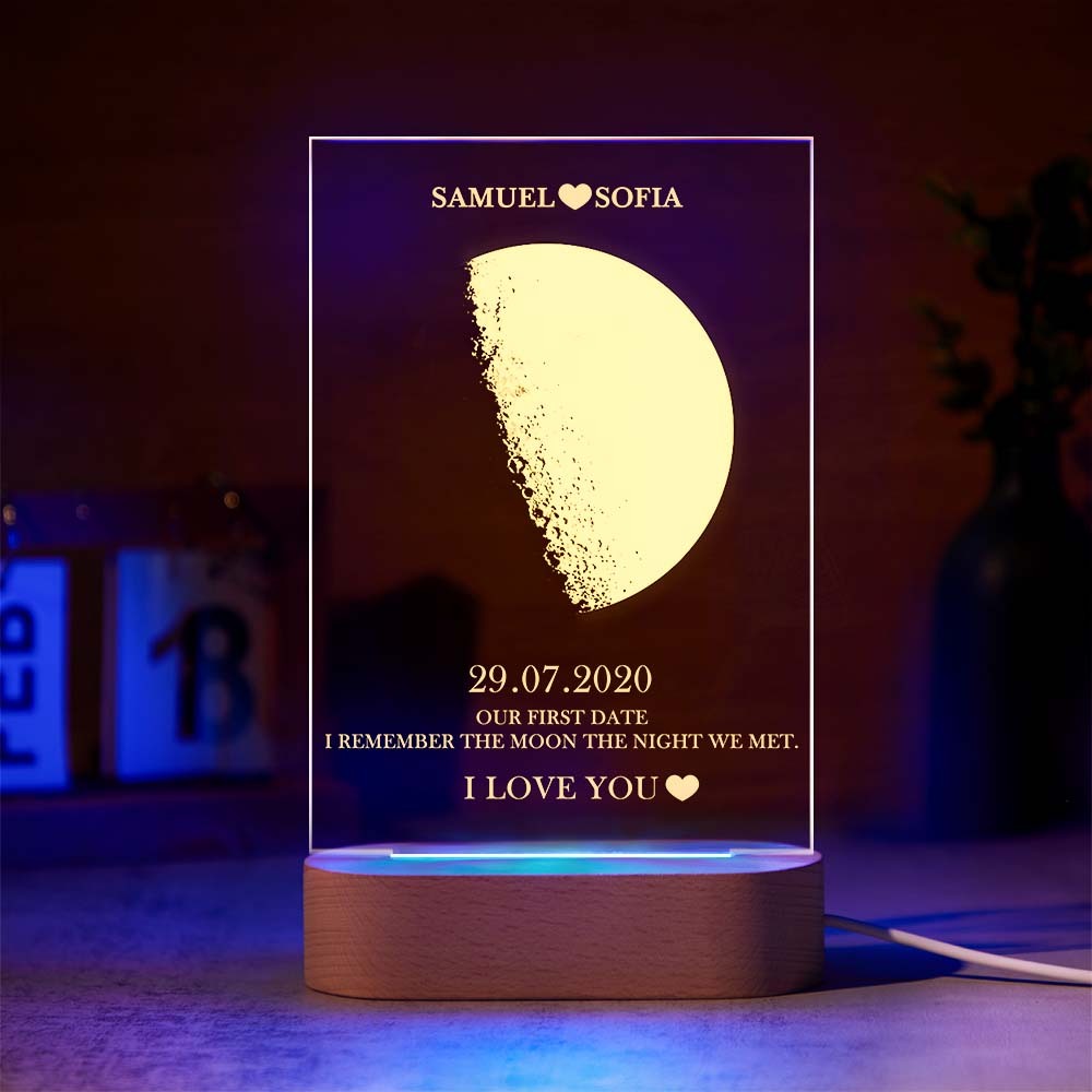 Custom Moon Phase Lamp with Personalised Names Text Seven Color Light