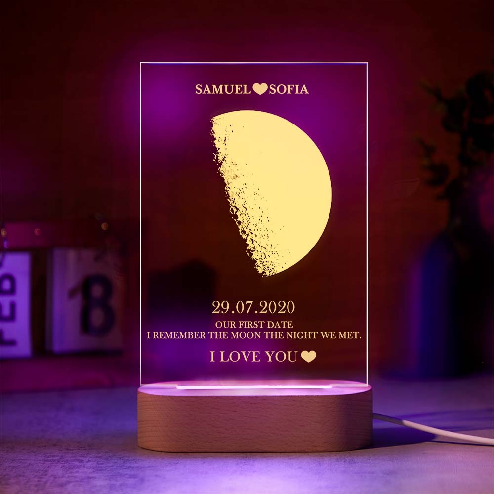 Custom Moon Phase Lamp with Personalised Names Text Seven Color Light