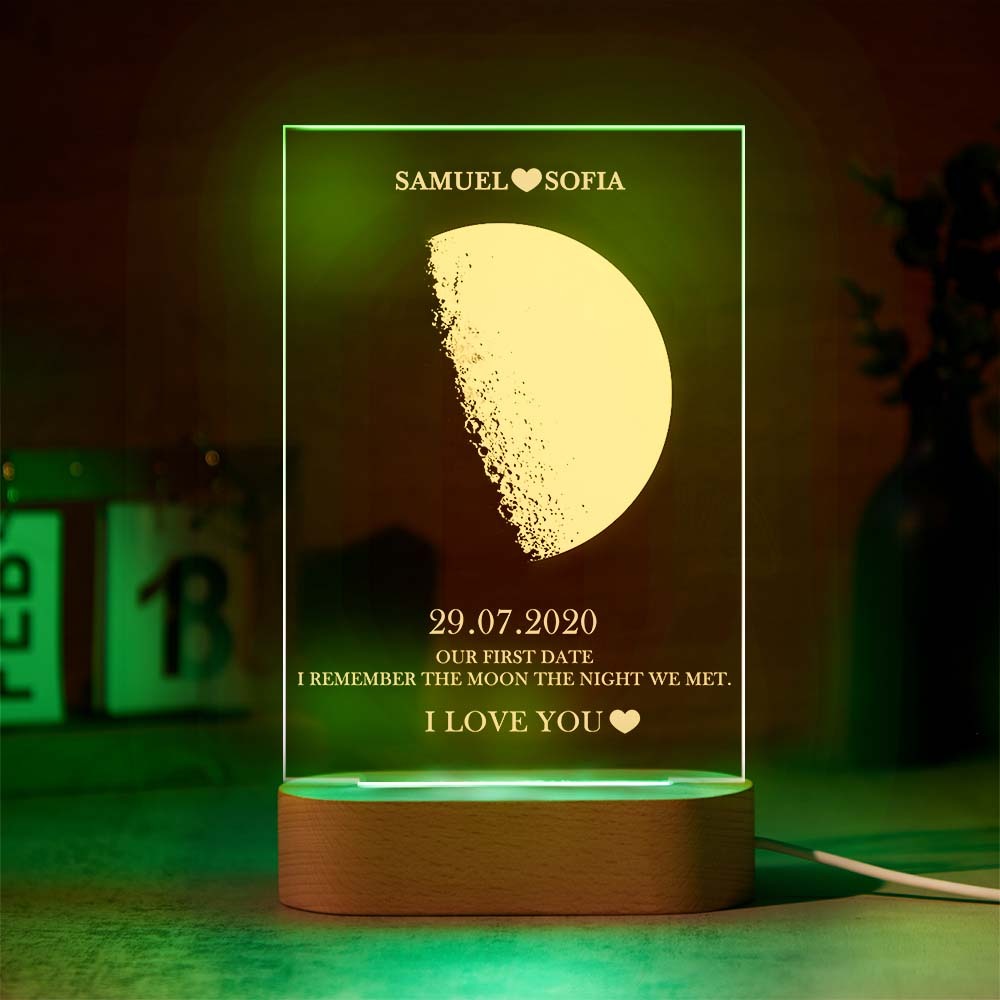 Custom Moon Phase Lamp with Personalised Names Text Seven Color Light