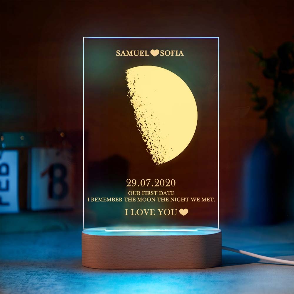 Custom Moon Phase Lamp with Personalised Names Text Seven Color Light