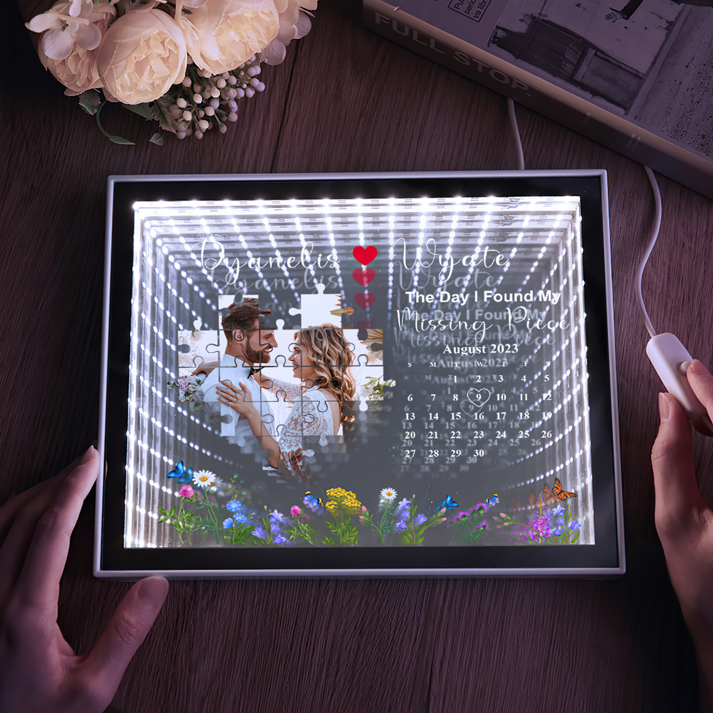 The Day I Found My Missing Piece Light Customize Photo and Calendar Custom Name Personalized Gift For Couple - soufeeluk